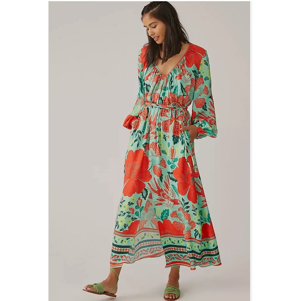 $328 Farm Rio Anthropologie Poppy Print Maxi Dress XS Petite 100% Viscose
